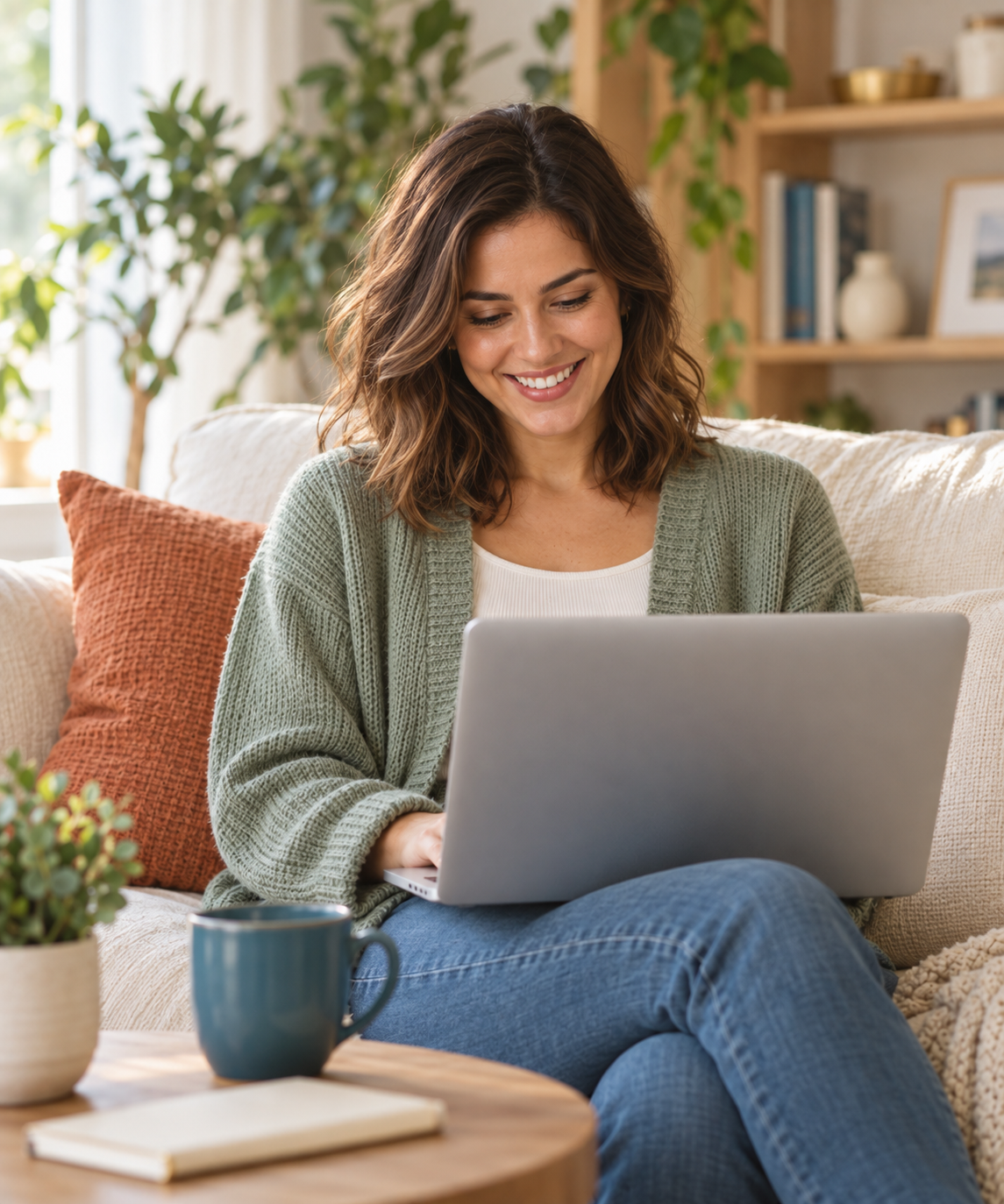 Woman browsing helpful information on a laptop at home